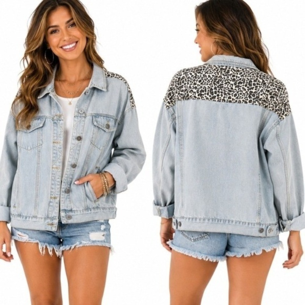 POL Leopard Print Denim Jacket Women's Medium Oversized Boho